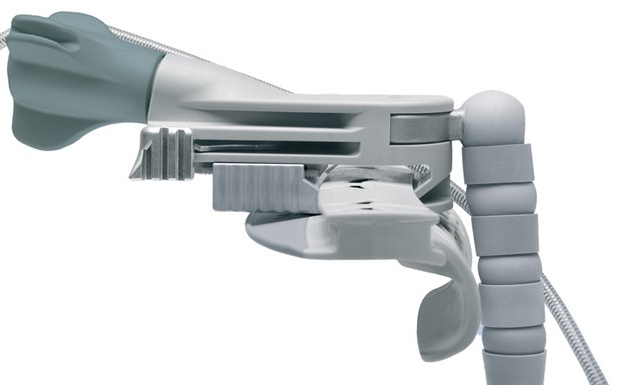Side view of a modern gray snorkel mouthpiece with flexible tubing and ergonomic design.